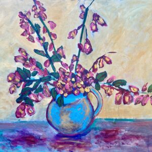 painting of bougainvillea in an impressionist style in a blue vase