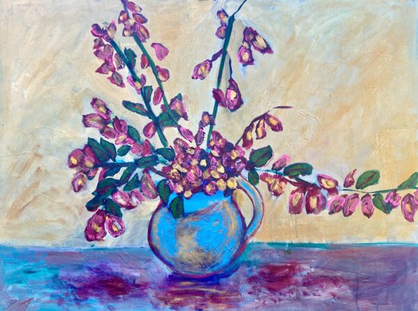 painting of bougainvillea in an impressionist style in a blue vase